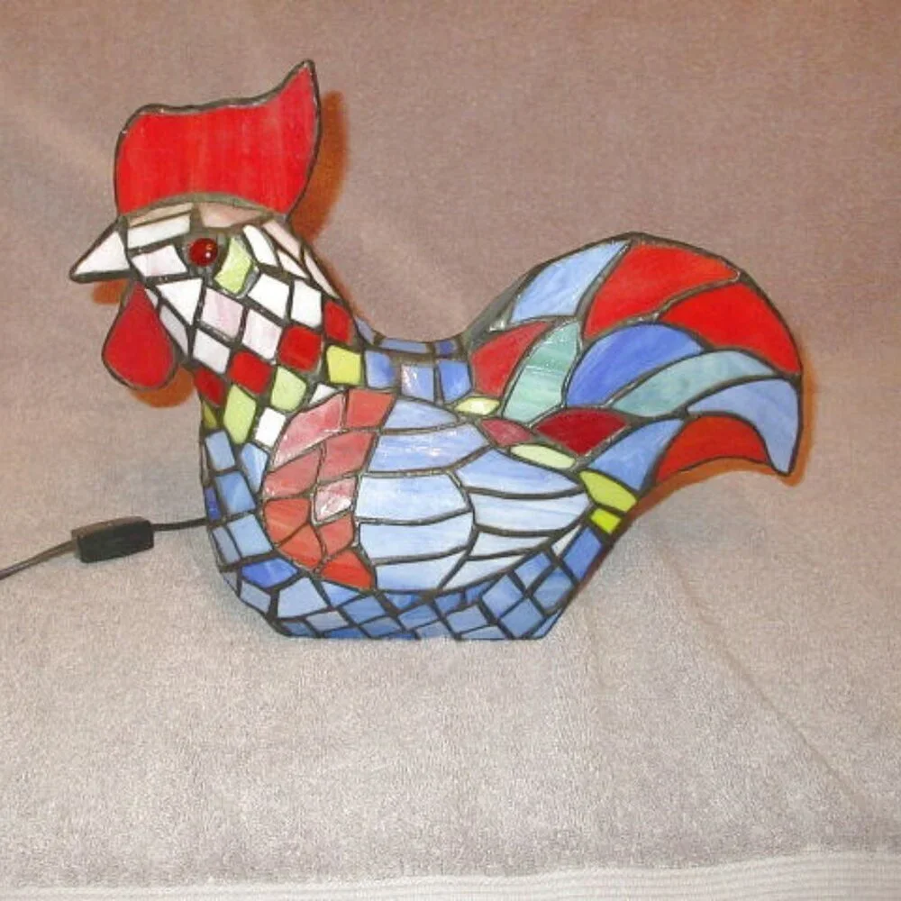 Vtg Tiffany Style Stained Glass Rooster Bird Table Lamp Night Light Off Switch